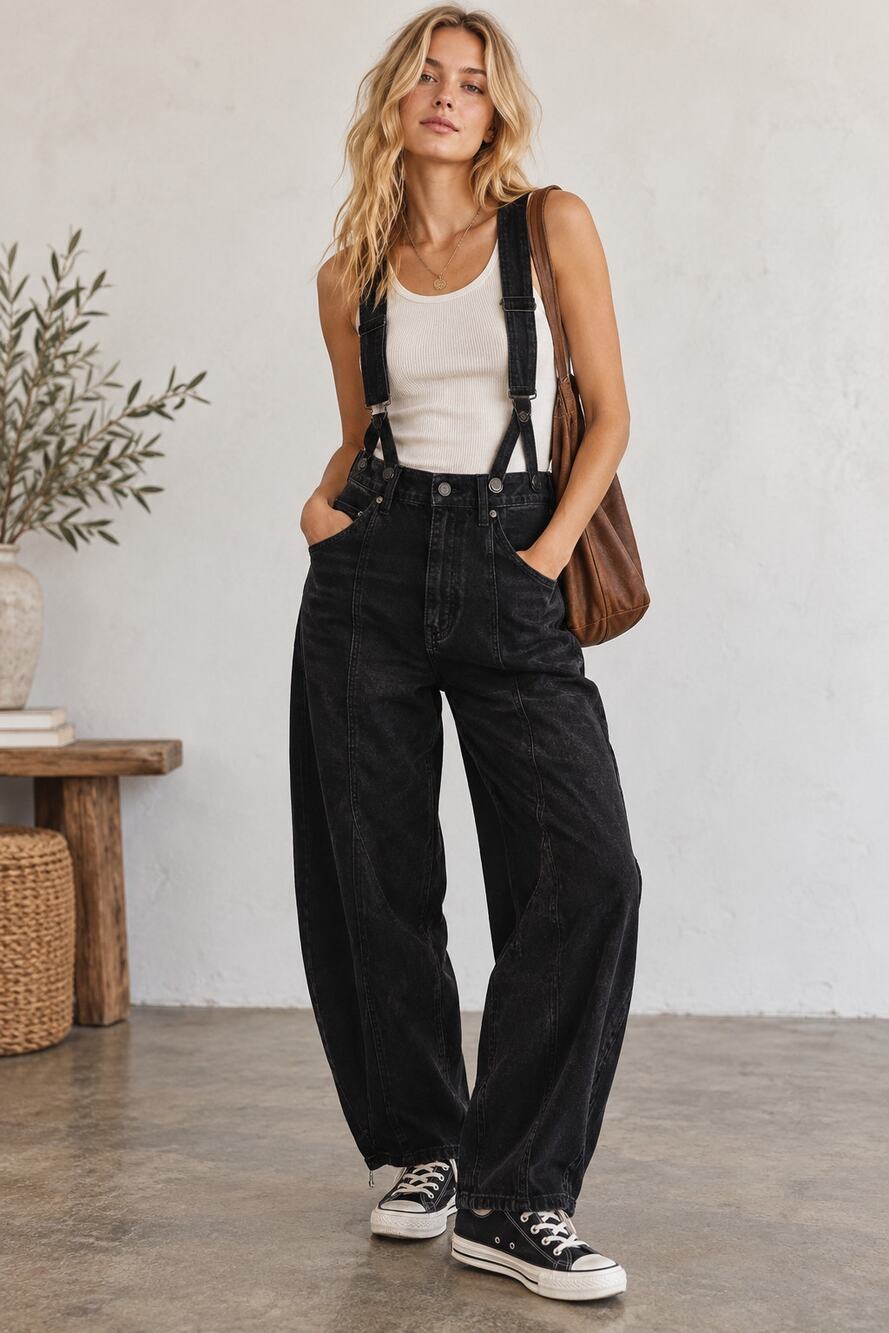 Free People We The Free Berkeley Suspender Jeans Noir 27 Black Overalls Rare